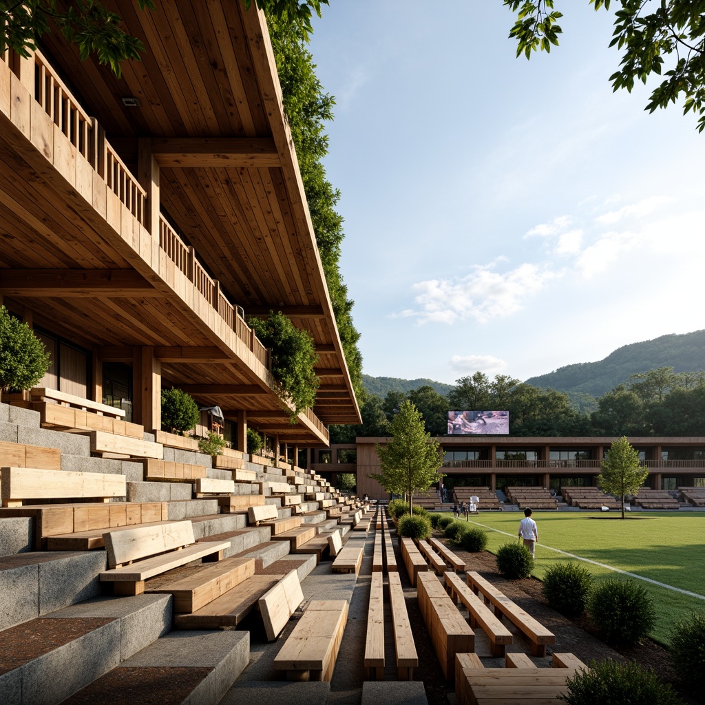 Prompt: Rustic stadium fa\u00e7ade, reclaimed wood accents, natural stone walls, living green roofs, lush vegetation, earthy tone seating, wooden bleachers, bamboo flooring, jute fiber textiles, organic-inspired patterns, undulating landscape, sunny day, soft warm lighting, shallow depth of field, 3/4 composition, panoramic view, realistic textures, ambient occlusion.