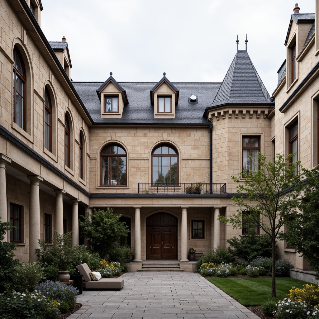 Prompt: Historic academic buildings, ornate facades, grand entrance arches, classical columns, rusticated stone walls, dormer windows, steeply pitched roofs, decorative roof finials, intricate stonework patterns, symmetrical compositions, earthy color palette, natural stone textures, subtle lighting accents, 1/1 composition, realistic renderings, ambient occlusion.