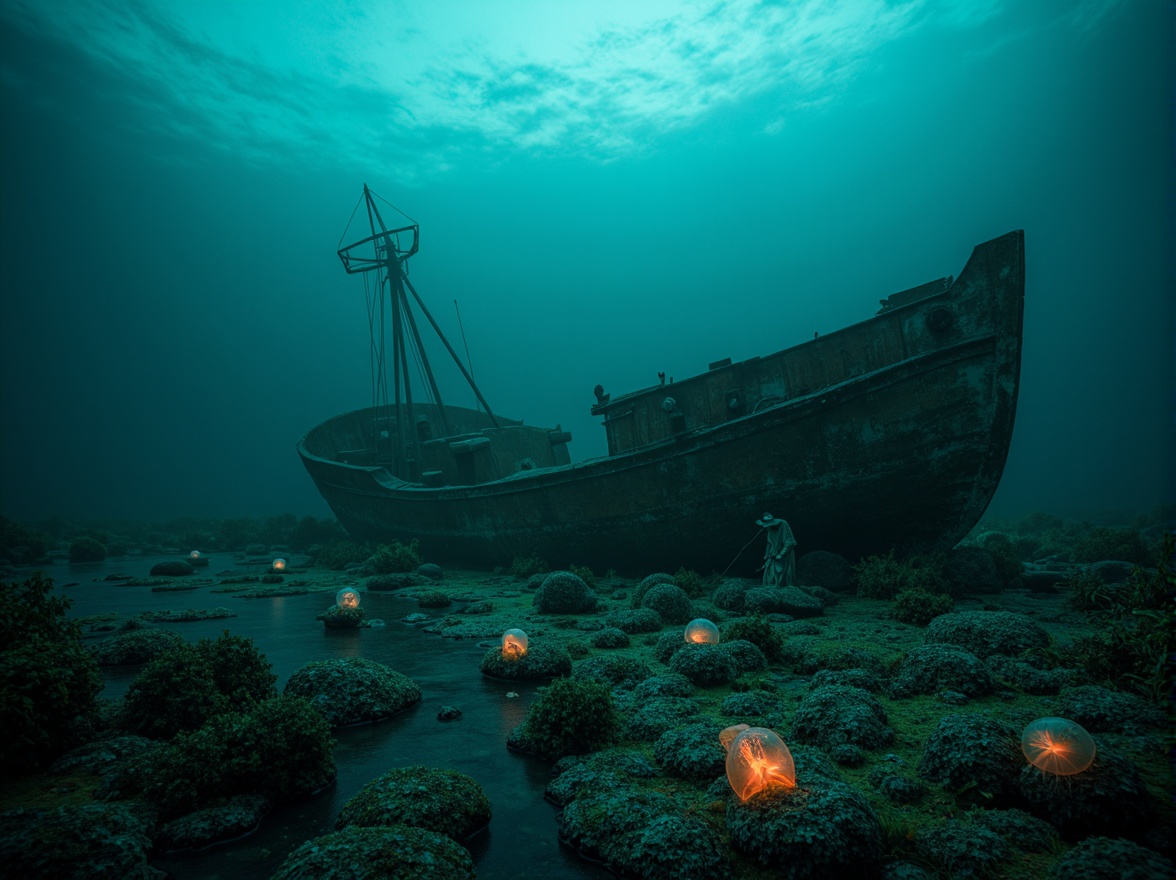 Prompt: Mysterious underwater scene, dark cyan hues, eerie bioluminescent creatures, glowing jellyfish, abandoned shipwreck, rusty metal debris, seaweed-covered rocks, misty ocean atmosphere, soft blue-green lighting, shallow depth of field, 1/2 composition, cinematic mood, realistic water textures, subtle ambient occlusion.