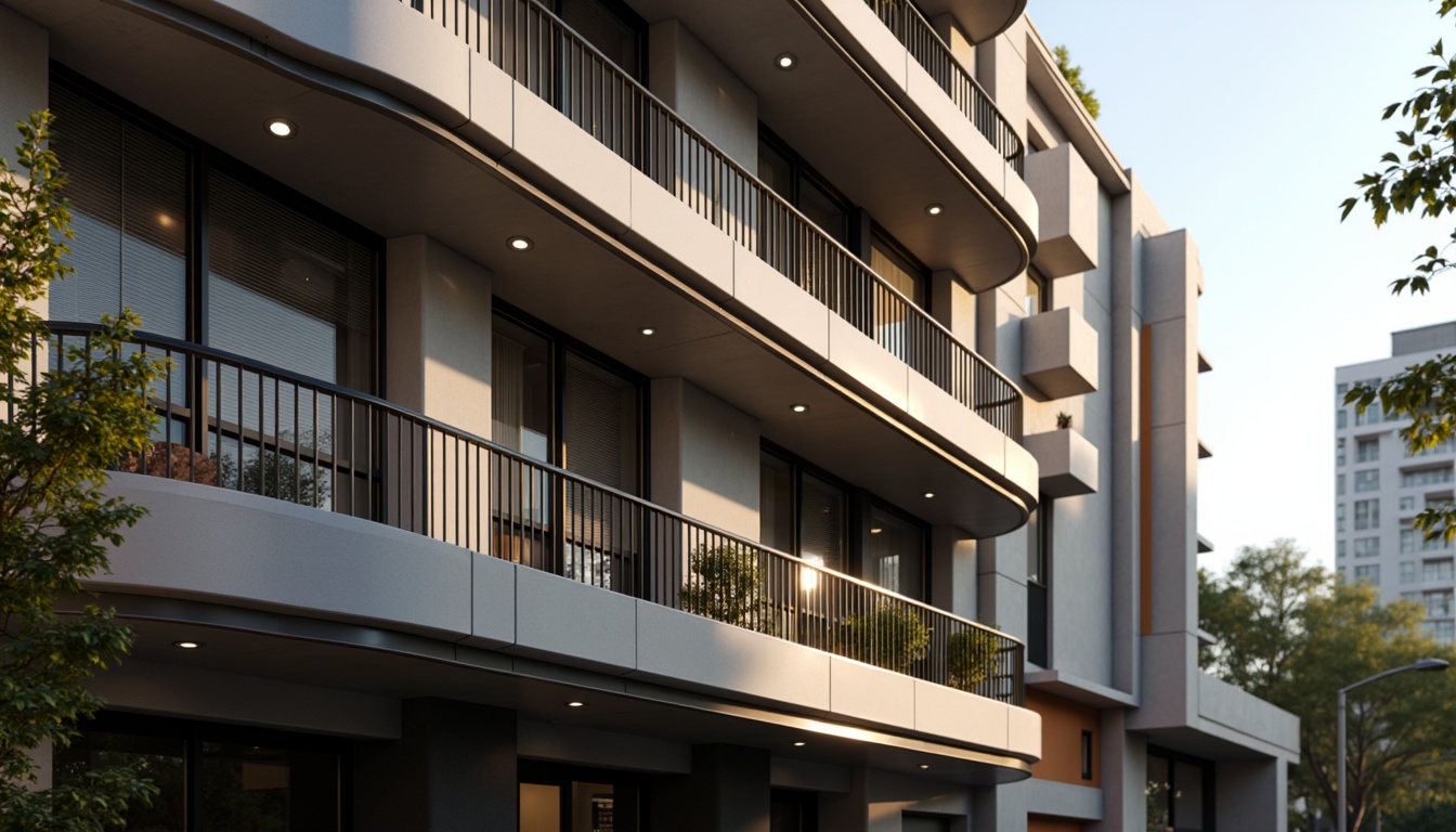 Prompt: Curved building facade, Art Deco inspirations, metallic materials, chrome accents, horizontal lines, rounded corners, minimalist ornamentation, large windows, sliding glass doors, balconies with metal railings, urban cityscape, morning sunlight, soft warm lighting, shallow depth of field, 3/4 composition, panoramic view, realistic textures, ambient occlusion.