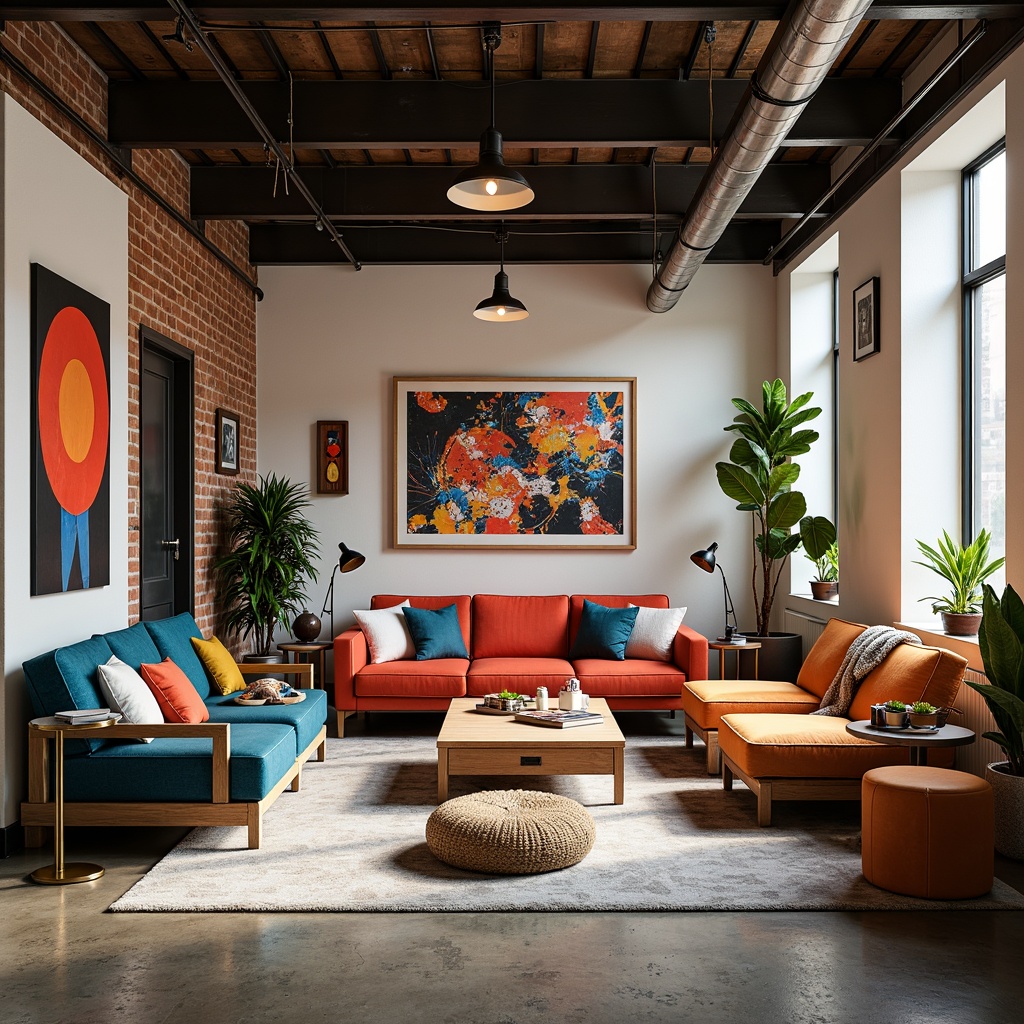 Prompt: Vibrant design studio, modern artistic space, eclectic furniture pieces, bold color accents, abstract artwork, industrial metal beams, polished concrete floors, natural light pouring in, warm cozy atmosphere, softbox lighting, 3/4 composition, shallow depth of field, realistic textures, ambient occlusion.