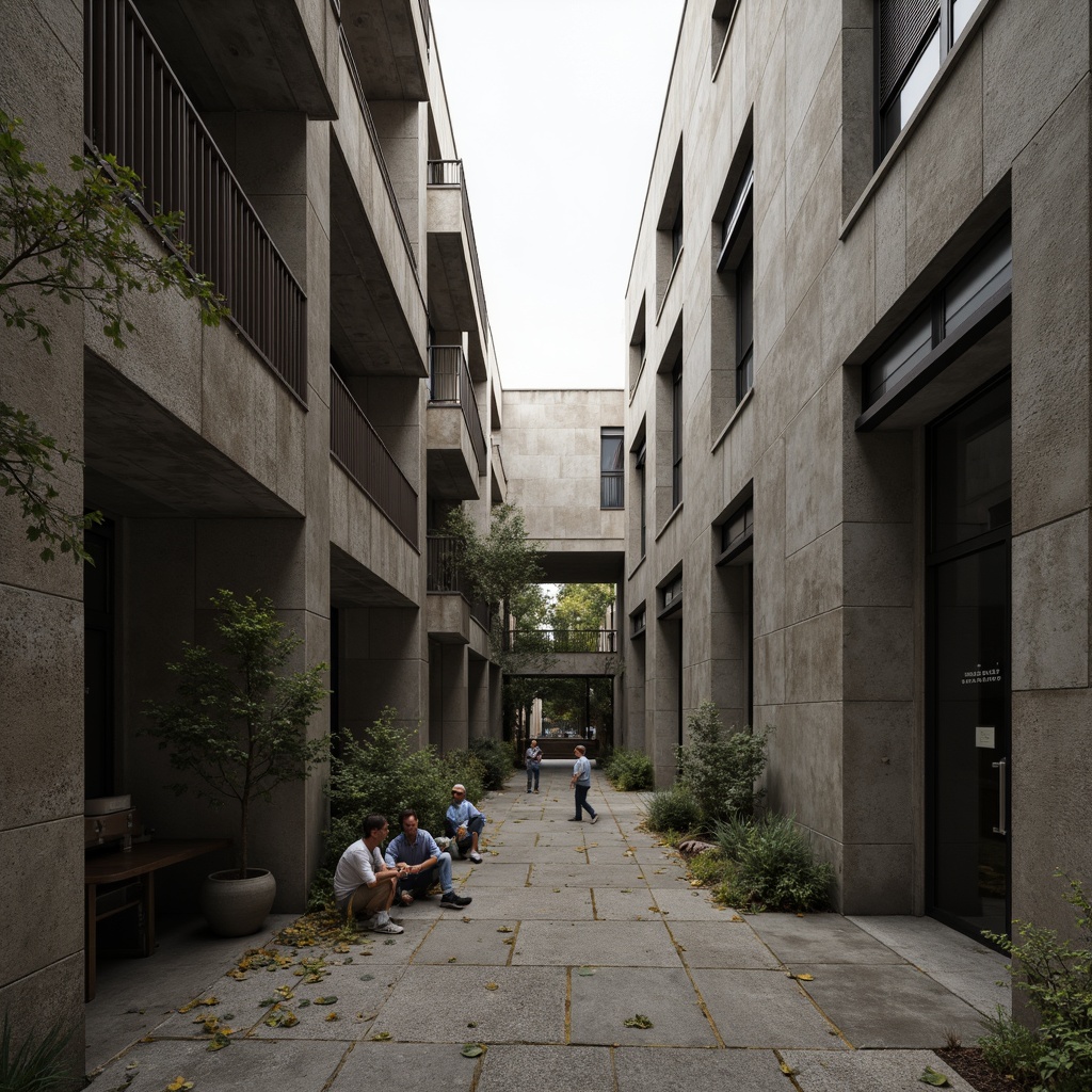 Prompt: Monolithic concrete structures, rugged textures, earthy tones, muted color palette, raw industrial materials, weathered steel accents, exposed ductwork, poured concrete floors, brutalist architectural style, urban cityscape, overcast skies, dramatic shadows, high-contrast lighting, cinematic composition, gritty realistic textures, ambient occlusion.