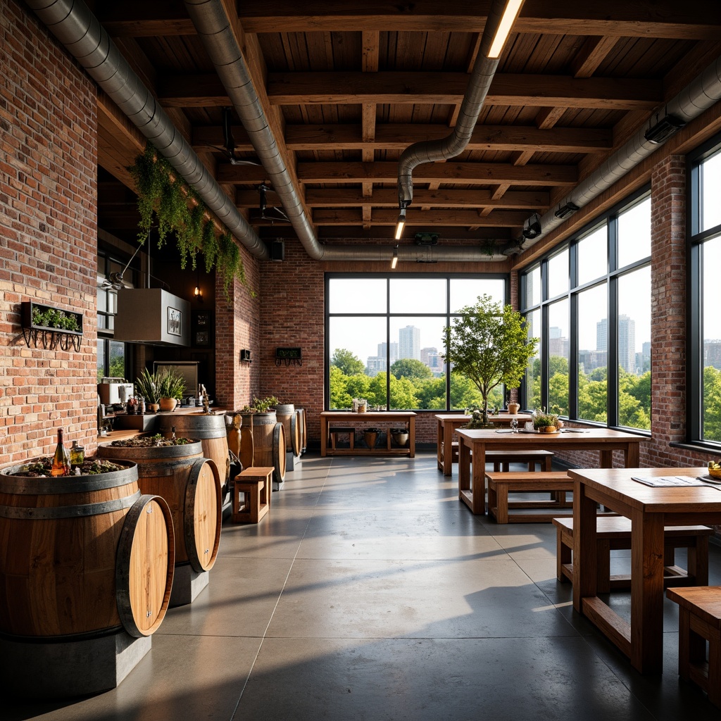 Prompt: Rustic winery, industrial chic, exposed brick walls, wooden barrels, metal accents, urban skyline, cityscape integration, modern structuralism, angular lines, minimalist design, reclaimed wood, polished concrete floors, large windows, natural light, soft warm lighting, shallow depth of field, 3/4 composition, panoramic view, realistic textures, ambient occlusion, vibrant greenery, lush vines, wine-making equipment, fermentation tanks, oak aging barrels, wine cellar, tasting room, rustic decor, earthy tones.