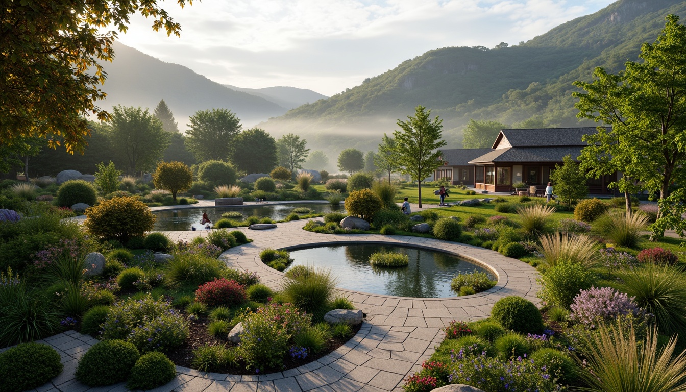 Prompt: Vibrant botanical garden, meandering walkways, serene water features, lush greenery, diverse plant species, natural stone benches, wooden gazebos, scenic lookout points, dramatic topography, rolling hills, misty morning atmosphere, warm sunlight filtering, shallow depth of field, 3/4 composition, panoramic view, realistic textures, ambient occlusion.