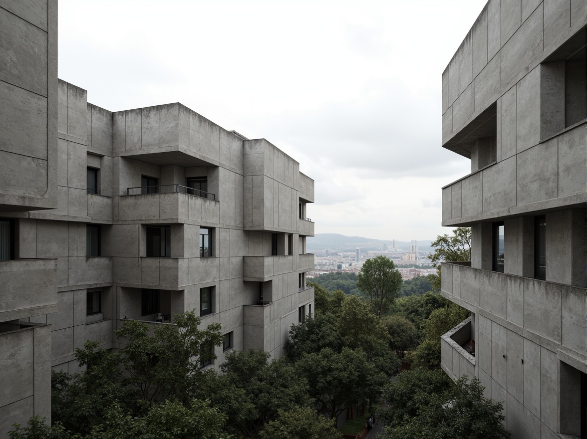 Prompt: Raw concrete walls, rugged textures, fortress-like structures, angular forms, dramatic cantilevers, asymmetrical compositions, bold geometric shapes, minimalist ornamentation, industrial materials, exposed ductwork, functionalist aesthetic, urban context, cityscape views, dense vegetation, mature trees, overcast sky, diffused natural light, deep shadows, high contrast, abstract expressionist art pieces, monochromatic color scheme, brutalist manifesto.