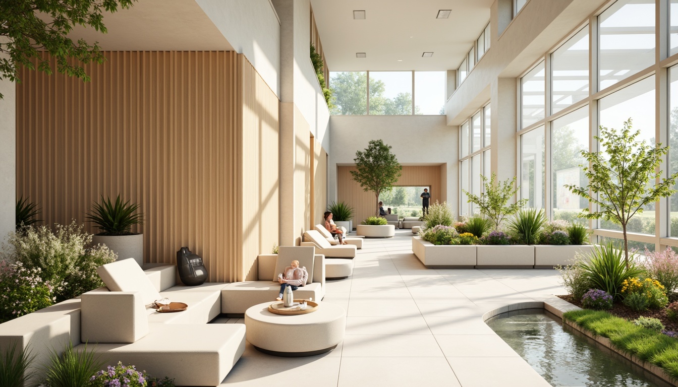 Prompt: Soothing healthcare center, calming atmosphere, gentle color palette, soft pastel hues, creamy whites, warm beige tones, natural wood accents, comfortable seating areas, lush greenery, vibrant flowers, peaceful water features, subtle texture patterns, minimal ornamentation, clean lines, modern minimalist design, abundant natural light, soft diffused lighting, shallow depth of field, 1/1 composition, realistic renderings, ambient occlusion.