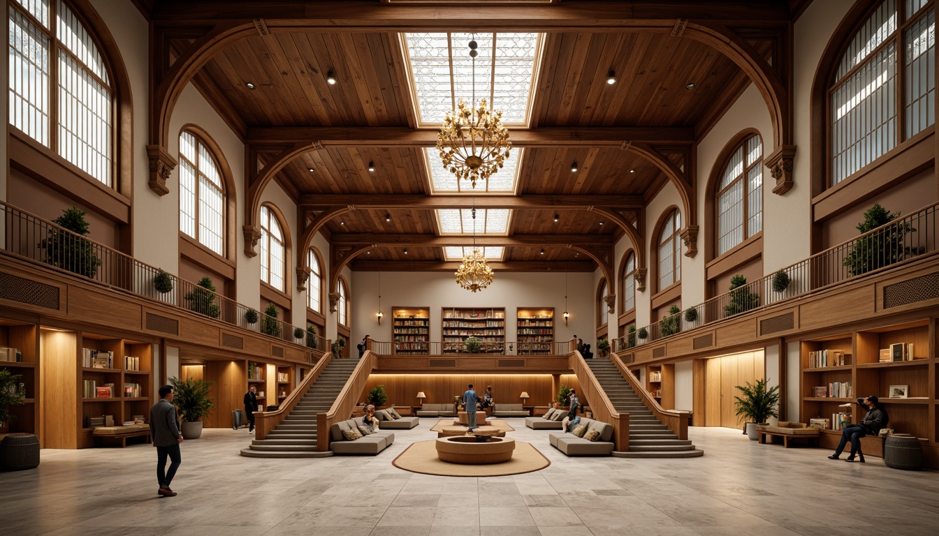 Prompt: Grand atrium, high ceilings, ornate chandeliers, wooden paneling, marble floors, symmetrical staircases, elegant banisters, classical columns, arched doorways, spacious lecture halls, tiered seating, acoustic ceiling tiles, minimal decorations, neutral color palette, natural stone walls, built-in bookshelves, comfortable reading nooks, warm soft lighting, shallow depth of field, 1/1 composition, realistic textures, ambient occlusion.