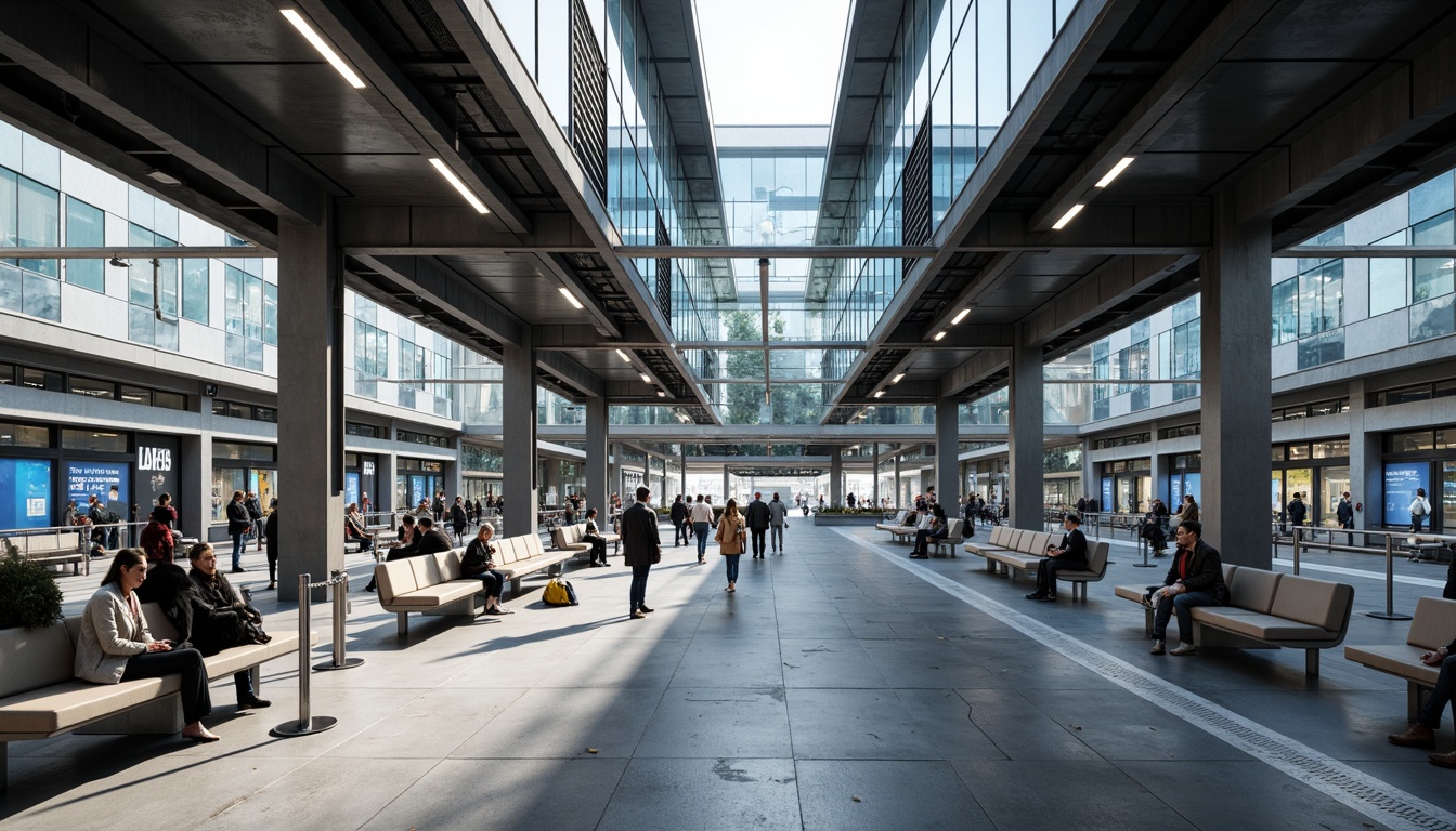 Prompt: Modern transportation hub, sleek metal fa\u00e7ade, glass roofs, polished concrete floors, industrial-style lighting, exposed ductwork, minimalist seating areas, stainless steel handrails, LED signage, dynamic digital displays, futuristic architecture, high-tech materials, metallic accents, reflective surfaces, angular lines, urban cityscape, bustling atmosphere, morning rush hour, soft natural light, shallow depth of field, 1/1 composition, realistic textures, ambient occlusion.