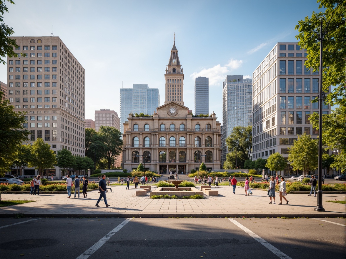 Prompt: Grand courthouse building, neoclassical facade, ornate clock tower, vibrant urban landscape, bustling streets, pedestrian walkways, modern streetlights, concrete pavement, green urban oasis, public art installations, civic monuments, historic landmarks, symmetrical composition, warm afternoon lighting, shallow depth of field, 2/3 rule, realistic textures, ambient occlusion.