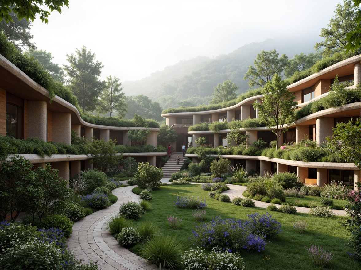 Prompt: Seamless blend of building and nature, organic curves, lush green roofs, native plant species, meandering walkways, natural stone walls, wooden accents, earthy color palette, soft diffused lighting, misty atmosphere, shallow depth of field, 1/2 composition, intimate scale, serene ambiance, eco-friendly materials, sustainable design principles, minimal visual impact, harmonious coexistence.