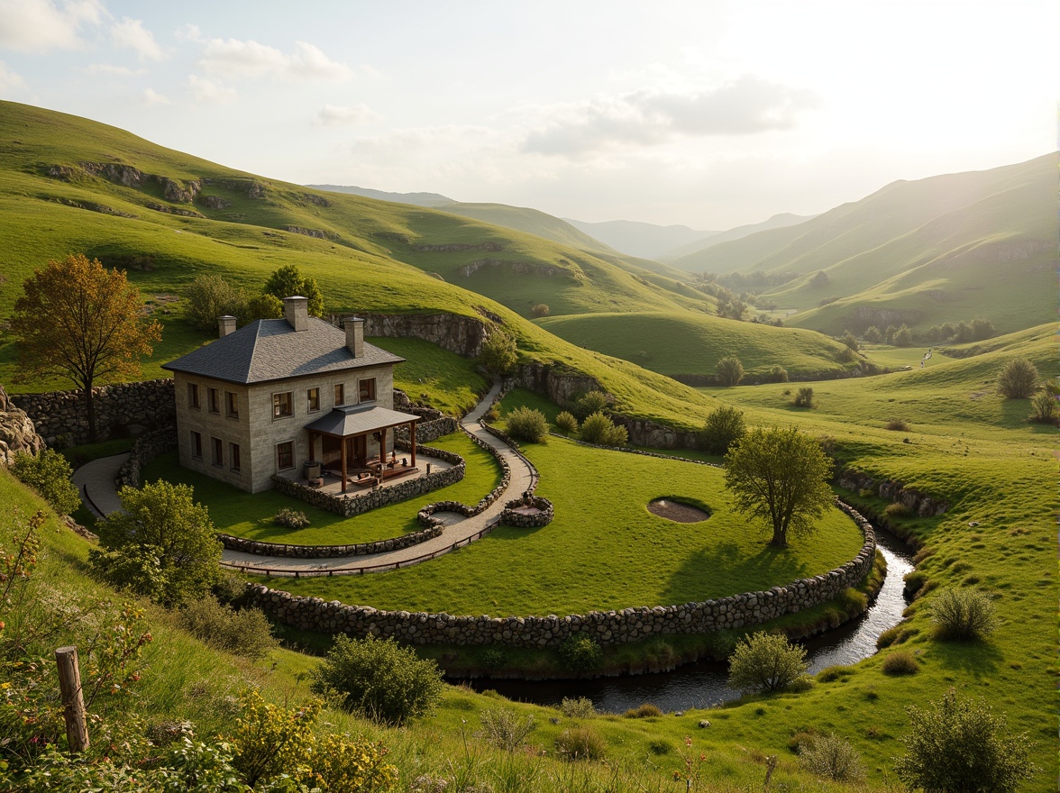 Prompt: Rustic farmhouse, rolling hills, vast green pastures, meandering streams, wooden fences, stone walls, earthy tones, natural materials, blended architecture, curved lines, harmonious integration, rural scenery, scenic vistas, sunny afternoon, soft warm lighting, atmospheric perspective, 1/2 composition, realistic textures, ambient occlusion.