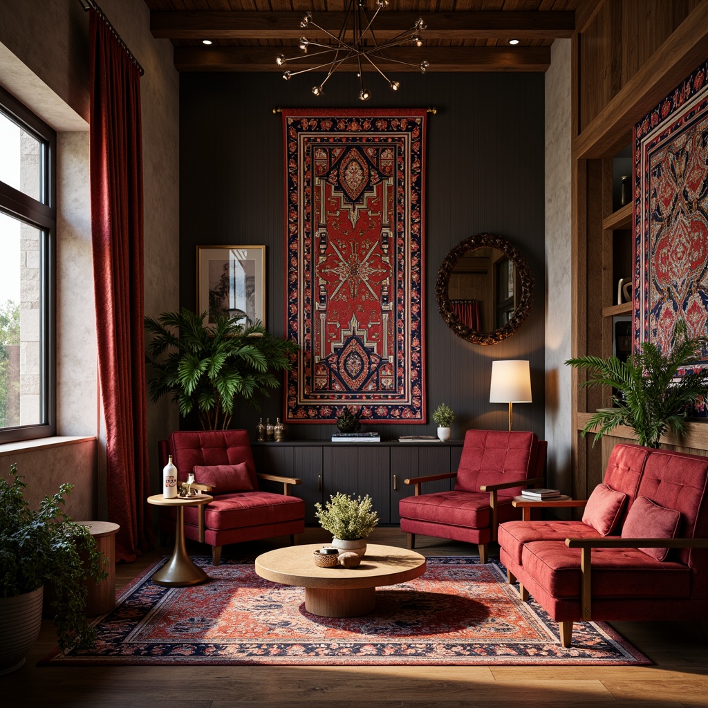 Prompt: Luxurious velvet fabrics, rough-hewn wooden accents, smooth glass surfaces, metallic sheen, matte concrete walls, vibrant colorful tapestries, intricately patterned rugs, soft ambient lighting, dramatic shadows, 3/4 composition, shallow depth of field, realistic textures, ambient occlusion.