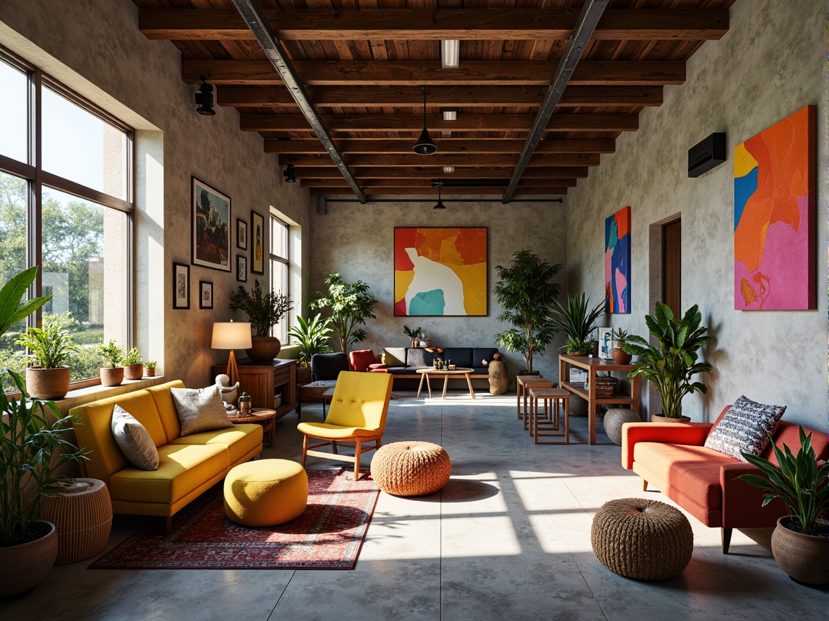 Prompt: Vibrant design studio, modern artistic space, eclectic furniture pieces, bold color accents, abstract artwork, industrial metal beams, polished concrete floors, natural light pouring in, warm cozy atmosphere, softbox lighting, 3/4 composition, shallow depth of field, realistic textures, ambient occlusion.