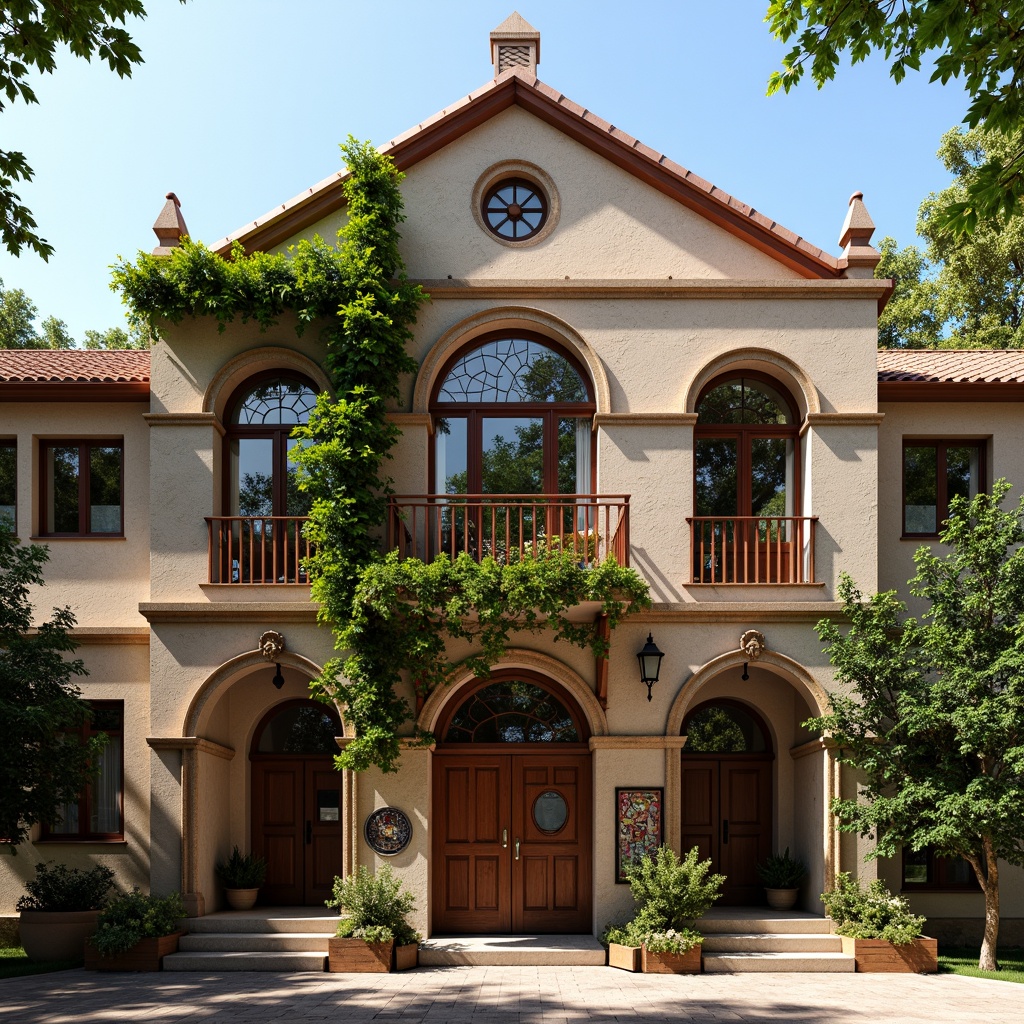 Prompt: Rustic school building, Romanesque fa\u00e7ade, arched windows, ornate stone carvings, vibrant green ivy, climbing plants, rustic brick walls, terracotta roofing, grand entrance gates, wooden doorways, stained glass windows, intricate mosaics, warm earthy tones, soft natural lighting, high contrast shadows, 1/1 composition, symmetrical framing, realistic textures, ambient occlusion.Let me know if you need any adjustments!