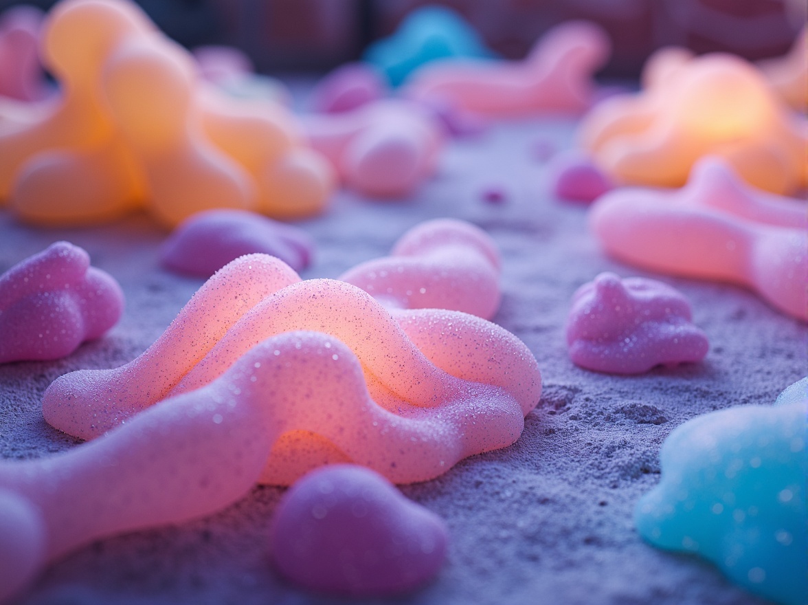 Prompt: Vibrant colored blobs, iridescent sheen, translucent materials, glowing accents, neon hues, pastel gradients, soft luminescence, dreamy ambiance, whimsical patterns, playful textures, futuristic aesthetic, surreal landscapes, ethereal atmosphere, misty surroundings, shallow depth of field, 1/1 composition, soft focus, gentle warm lighting.