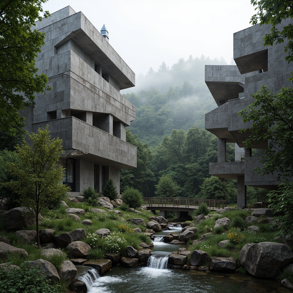 Prompt: Rugged brutalist buildings, raw concrete textures, fortress-like structures, angular geometries, dramatic cantilevers, overhanging roofs, dense forest surroundings, towering trees, wildflower meadows, rocky outcrops, winding stone pathways, naturalistic water features, cascading waterfalls, reflecting pools, rustic wooden bridges, weathered steel accents, industrial-style lighting, low-key ambient illumination, high-contrast shading, cinematic composition, atmospheric perspective, misty morning fog.