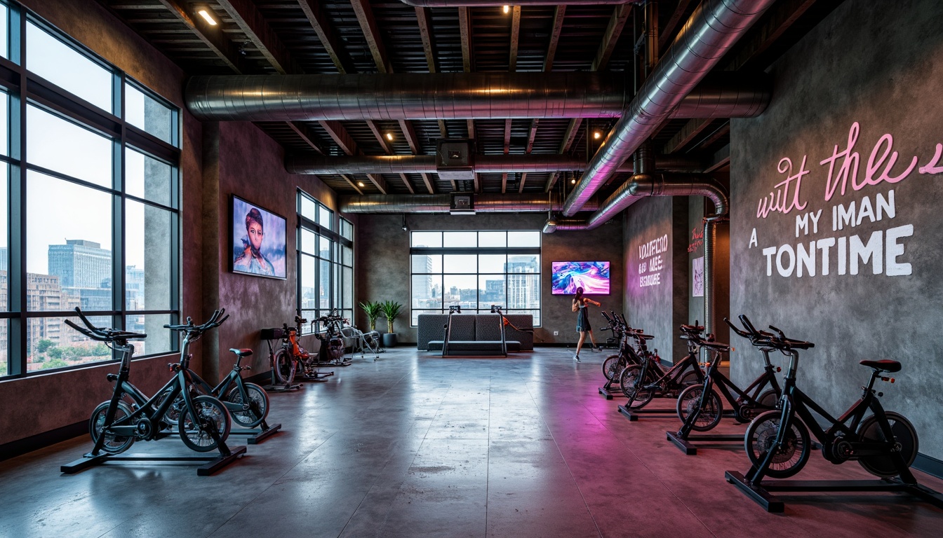 Prompt: Sleek fitness club, industrial-chic interior, exposed metal beams, polished concrete floors, reclaimed wood accents, minimalist decor, floor-to-ceiling windows, natural light, urban cityscape views, futuristic LED lighting, neon color schemes, metallic textures, brutalist architecture, geometric shapes, angular lines, modern gym equipment, high-tech spin bikes, virtual fitness screens, state-of-the-art sound systems, motivational quotes, vibrant graffiti art, industrial-style lockers, raw concrete walls, edgy urban atmosphere, dramatic shading, 1/1 composition, cinematic lighting.