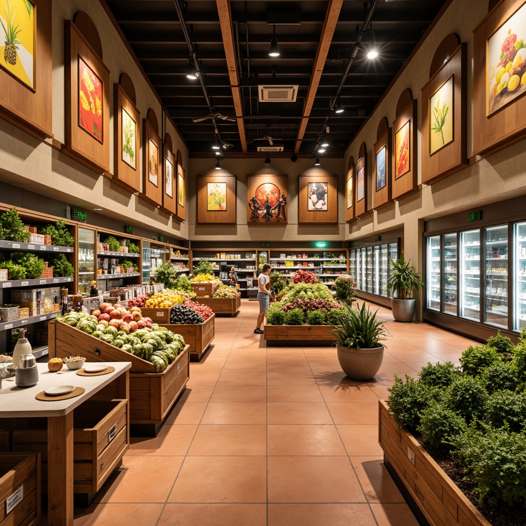 Prompt: Vibrant grocery store interior, warm beige walls, rich wood accents, fresh green produce stands, colorful fruit displays, modern metal shelving, sleek glass refrigerators, earthy terracotta flooring, natural stone countertops, rustic wooden crates, lively orange and yellow signage, soft warm lighting, shallow depth of field, 1/1 composition, realistic textures, ambient occlusion.