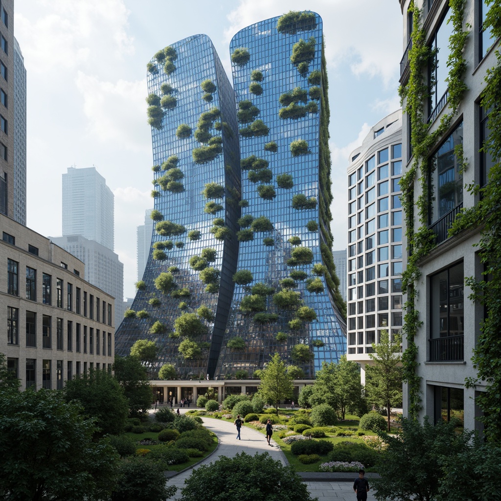 Prompt: Curved skyscraper, undulating fa\u00e7ade, organic shapes, futuristic architecture, iridescent glass, shimmering steel, amorphous structures, fluid lines, bioluminescent accents, lush green walls, vertical gardens, misty atmosphere, soft natural lighting, 3/4 composition, panoramic view, realistic textures, ambient occlusion.Please let me know if this meets your requirements!