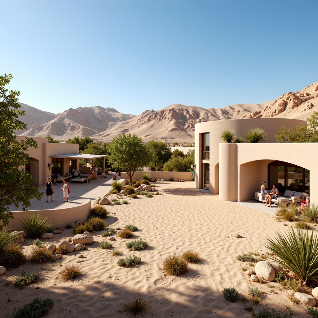 Prompt: Desert oasis, sandy dunes, cactus plants, hot sunny day, clear blue sky, vast open space, modern architecture blending with nature, earthy tones, natural stone buildings, curved lines, organic shapes, green roofs, solar panels, water conservation systems, eco-friendly materials, innovative cooling technologies, shaded outdoor spaces, misting systems, Arabic-inspired patterns, vibrant colorful textiles, intricate geometric motifs, panoramic view, shallow depth of field, 3/4 composition, realistic textures, ambient occlusion.