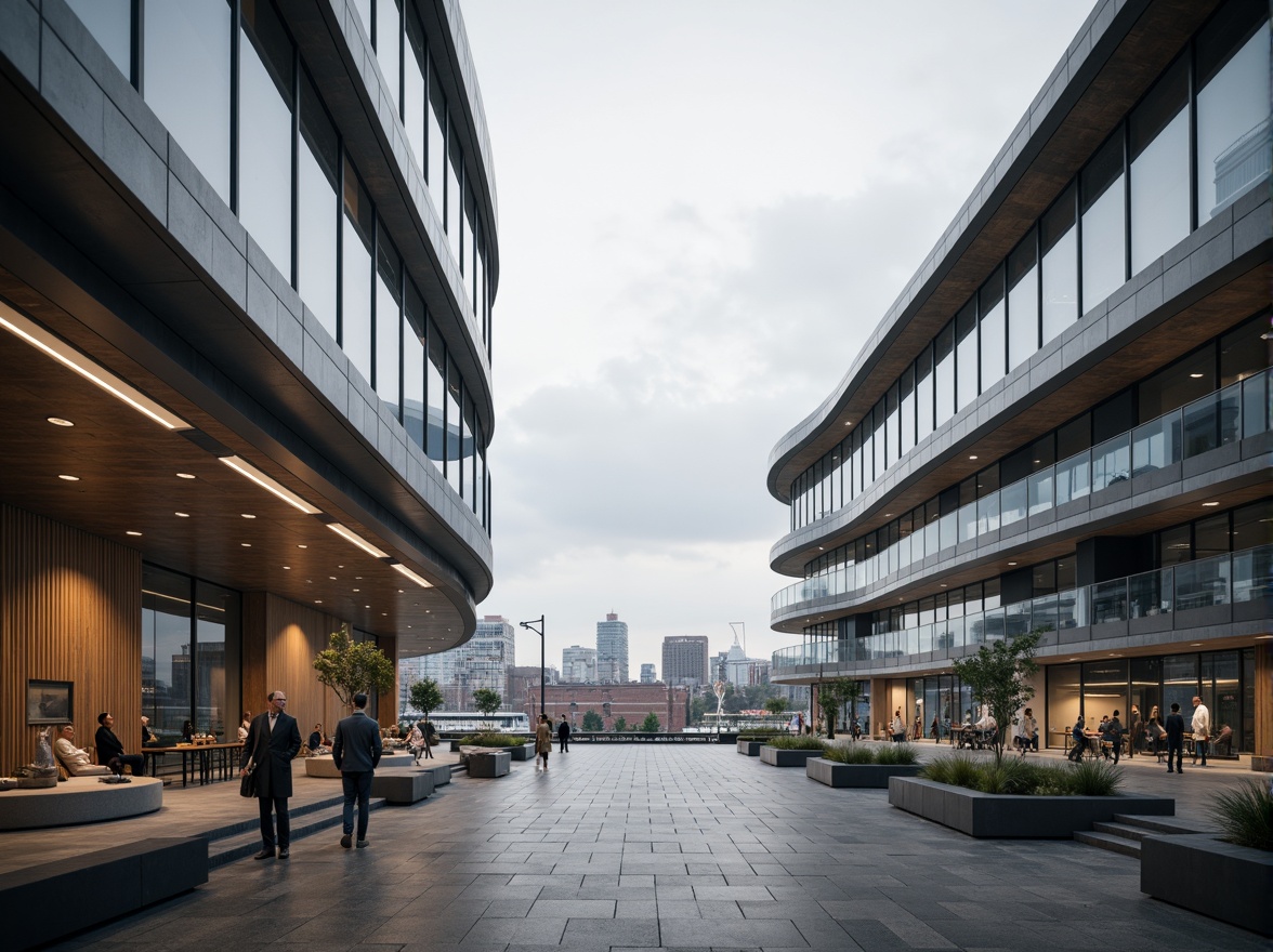 Prompt: Sleek modern buildings, curved lines, metallic surfaces, reflective glass facades, polished concrete floors, minimalist decor, industrial chic accents, reclaimed wood textures, exposed ductwork, urban cityscape, cloudy grey skies, soft diffused lighting, shallow depth of field, 2/3 composition, cinematic view, realistic reflections, ambient occlusion.