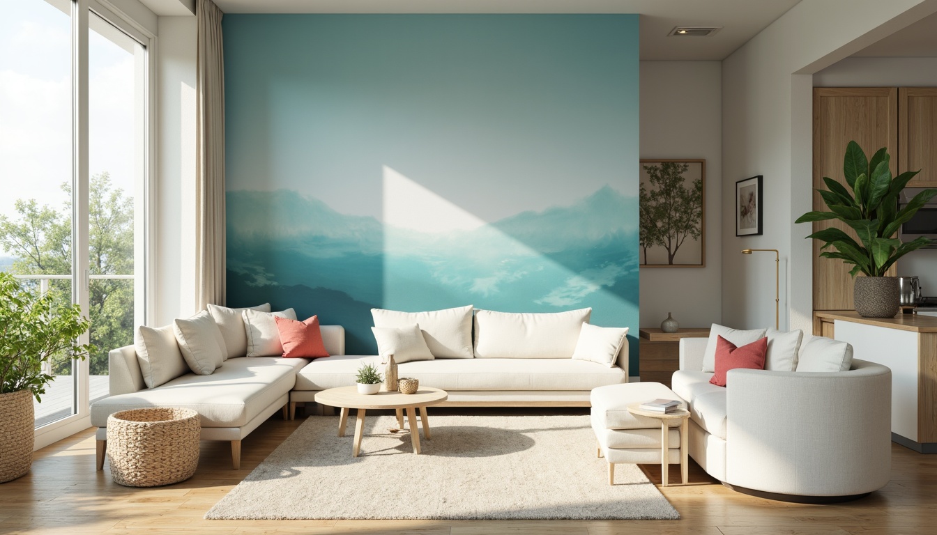 Prompt: \Cerulean blue accent walls, soft cream furniture, natural wood textures, warm beige floors, modern minimalist decor, airy open spaces, large windows, abundance of natural light, subtle gradient effects, 1/2 composition, realistic shadowing, ambient occlusion, vibrant coral accents, gentle seafoam undertones, calming atmosphere, serenity-inspired design.\