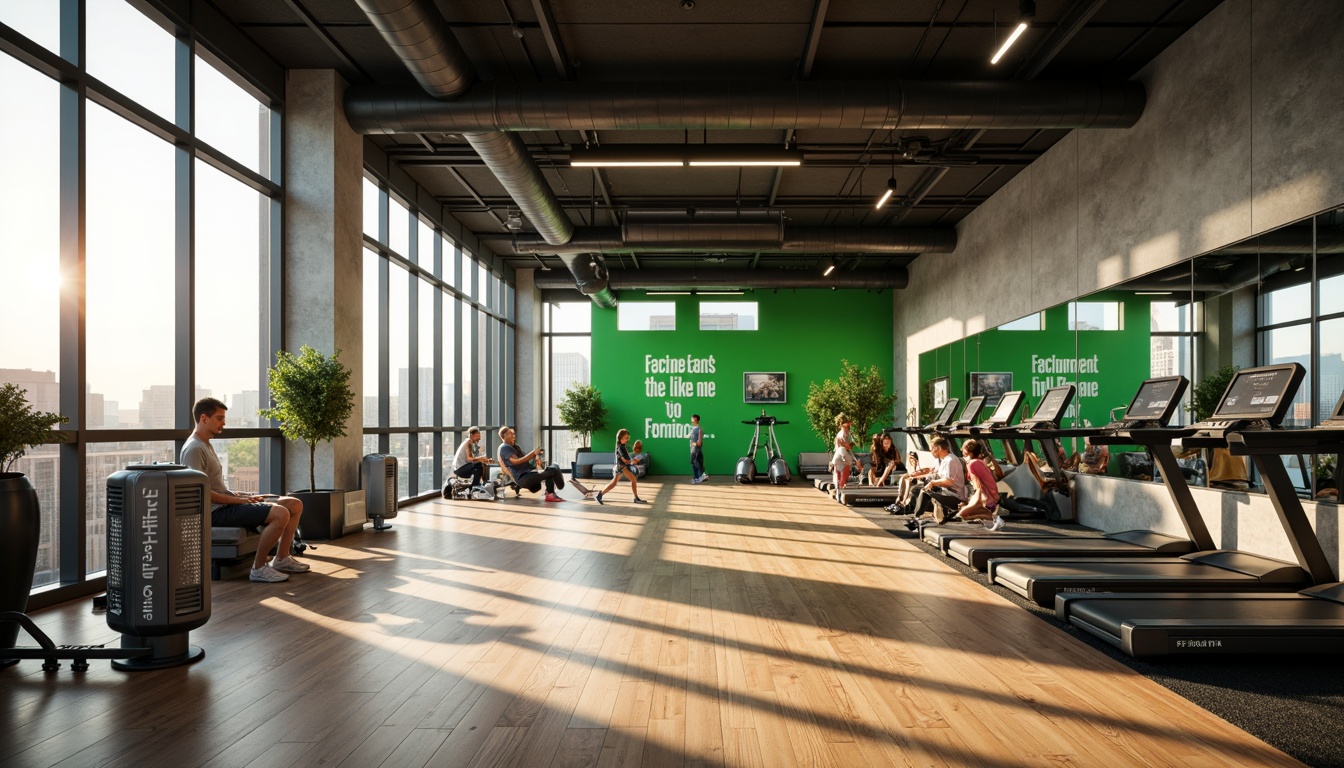 Prompt: Modern fitness club interior, large windows, abundant natural light, polished wood floors, sleek metal equipment, vibrant green walls, motivational quotes, mirrored surfaces, high ceilings, open spaces, minimalist decor, urban architecture, cityscape views, morning sunlight, soft warm glow, shallow depth of field, 3/4 composition, panoramic view, realistic textures, ambient occlusion.