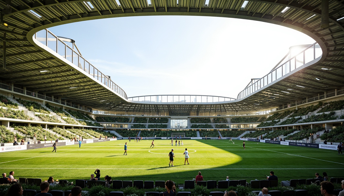 Prompt: Open-air soccer stadium, green roofs, natural ventilation systems, wind towers, solar chimneys, clerestory windows, large overhangs, shading devices, cantilevered structures, aerodynamic design, curved lines, minimalist architecture, steel beams, exposed ductwork, polished concrete floors, lush grass fields, cheering crowds, sunny day, soft warm lighting, shallow depth of field, 3/4 composition, panoramic view, realistic textures, ambient occlusion.