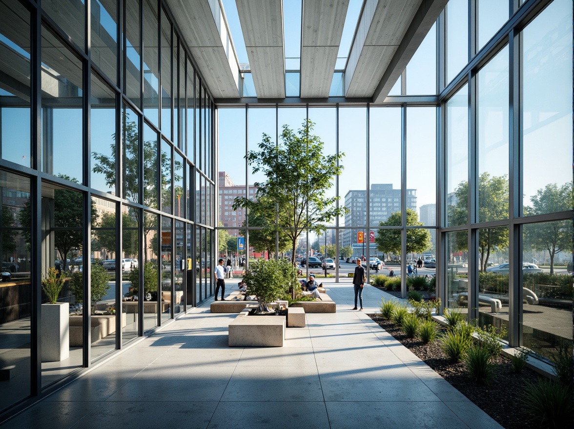 Prompt: Modern office building, sleek glass walls, minimalist design, open floor plan, natural light pouring in, reflective surfaces, angular lines, metal frames, urban cityscape, busy streets, green roofs, innovative cooling systems, misting outdoor spaces, vibrant colorful accents, intricate geometric patterns, shallow depth of field, 1/1 composition, panoramic view, realistic textures, ambient occlusion.