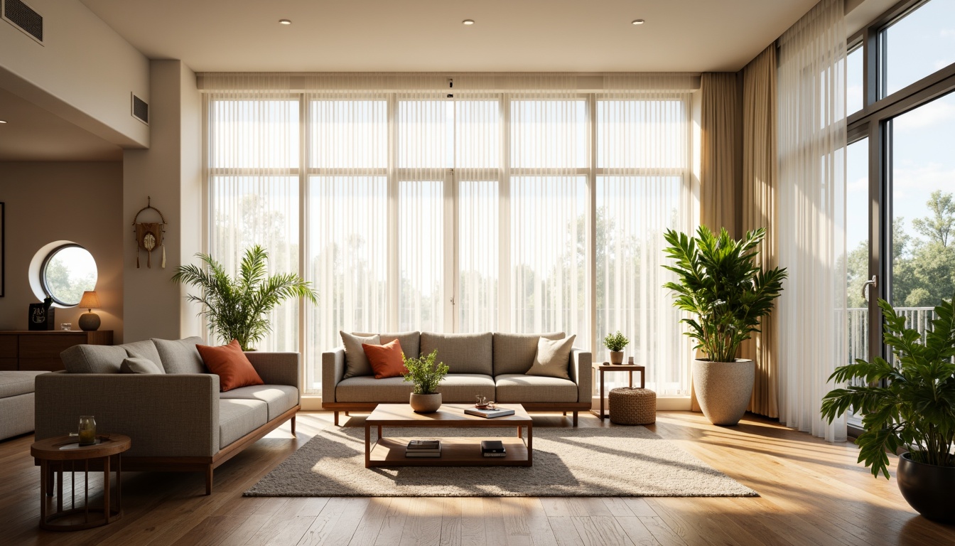 Prompt: Vibrant living room, floor-to-ceiling windows, sheer white curtains, warm natural light, soft shadows, comfortable seating area, wooden coffee table, plush sofas, greenery plants, modern minimalist decor, neutral color palette, subtle textures, 1/1 composition, shallow depth of field, realistic rendering.