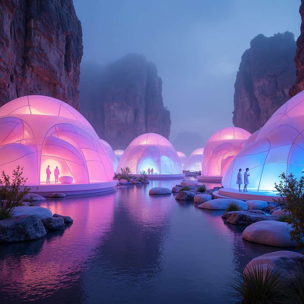 Prompt: Vibrant blob-like structures, iridescent colors, glowing neon lights, translucent materials, futuristic ambiance, sci-fi inspired design, rounded shapes, organic forms, soft pastel hues, luminous accents, ethereal atmosphere, dreamy quality, surreal landscapes, misty foggy surroundings, shimmering water effects, atmospheric lighting, 1/1 composition, wide-angle shot, cinematic view.