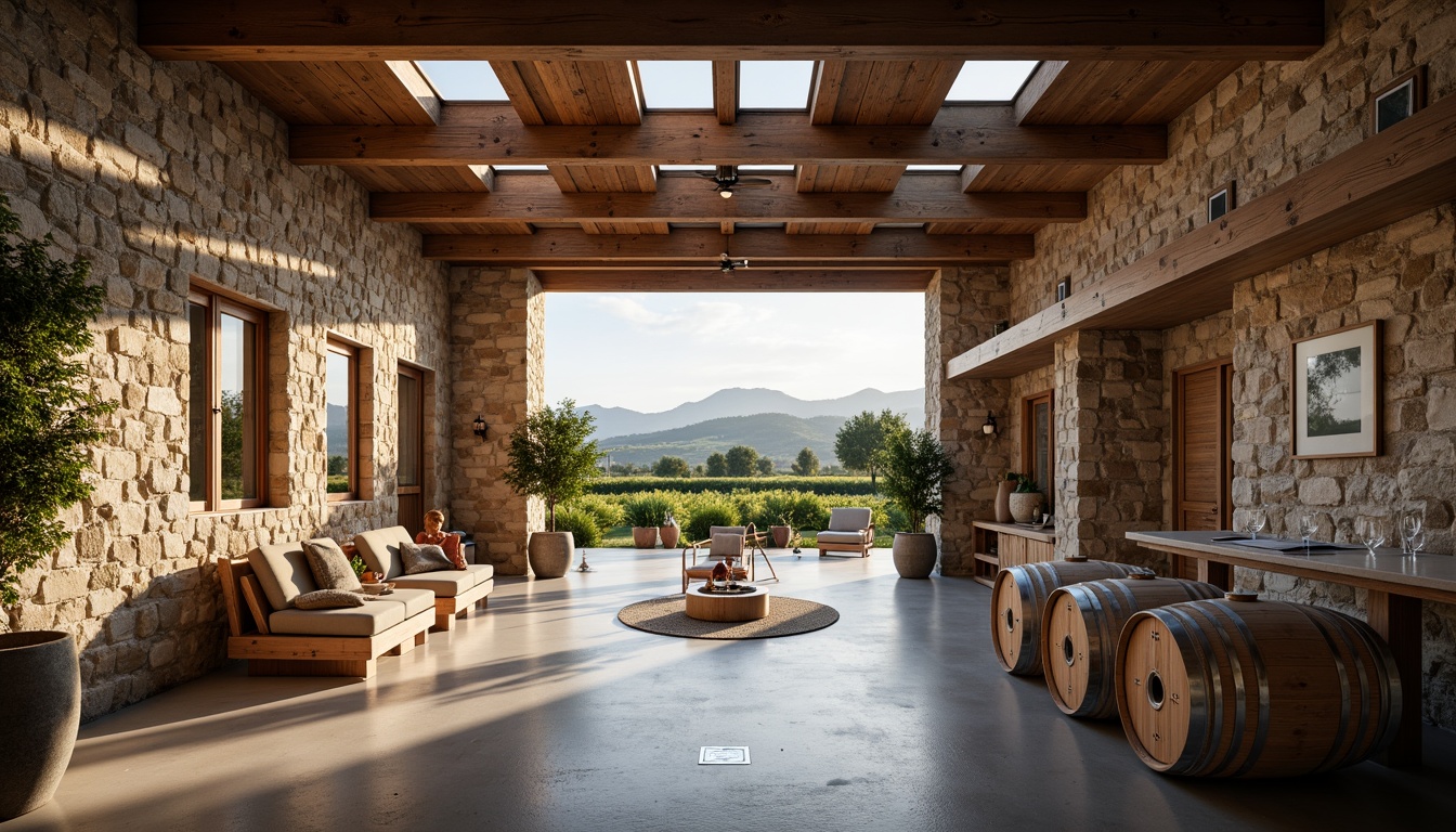 Prompt: Rustic winery, stone walls, wooden barrels, vineyard views, rolling hills, Mediterranean landscape, modern structuralist architecture, clean lines, minimalist design, industrial chic, metal accents, reclaimed wood, earthy tones, natural light, clerestory windows, open floor plan, functional spaces, wine cellar, tasting room, fermentation tanks, oak aging rooms, rustic decor, warm ambient lighting, shallow depth of field, 2/3 composition, realistic textures, ambient occlusion.