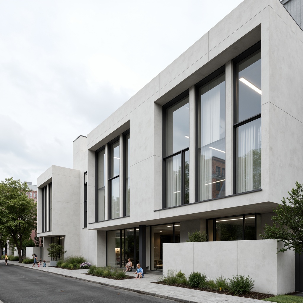 Prompt: Sleek modern architecture, monochromatic color scheme, neutral tones, white concrete walls, silver metallic accents, large glass windows, minimalist design, urban cityscape, overcast sky, soft diffused lighting, shallow depth of field, 2/3 composition, realistic textures, ambient occlusion.