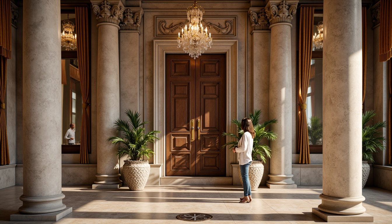 Prompt: Elegant classical architecture, ornate columns, carved marble facades, grand entranceways, symmetrical compositions, richly textured stone walls, polished bronze door handles, intricate moldings, luxurious velvet drapes, crystal chandeliers, warm golden lighting, soft focus, shallow depth of field, 2/3 composition, realistic textures, ambient occlusion.