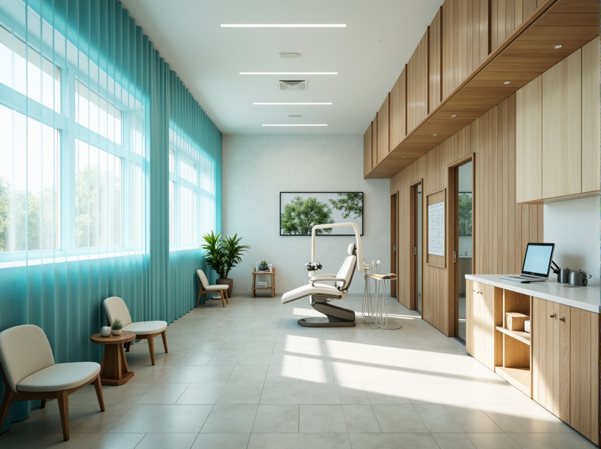 Prompt: Vibrant dental clinic, calming atmosphere, soothing color palette, gentle blue hues, creamy whites, warm beige tones, natural wood accents, modern minimalist furniture, sleek metal equipment, sterile glass surfaces, soft diffused lighting, subtle texture contrasts, 3/4 composition, shallow depth of field, realistic renderings, ambient occlusion.