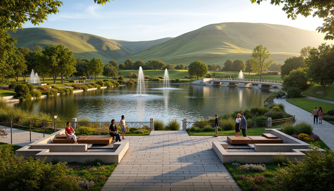 Prompt: Rolling hills, serene lakeside, lush greenery, vibrant wildflowers, meandering pathways, ornate bridges, rustic wooden benches, modern sculptures, sleek metal railings, natural stone retaining walls, grand entrance gates, elegant fountains, soft warm lighting, shallow depth of field, 3/4 composition, panoramic view, realistic textures, ambient occlusion.