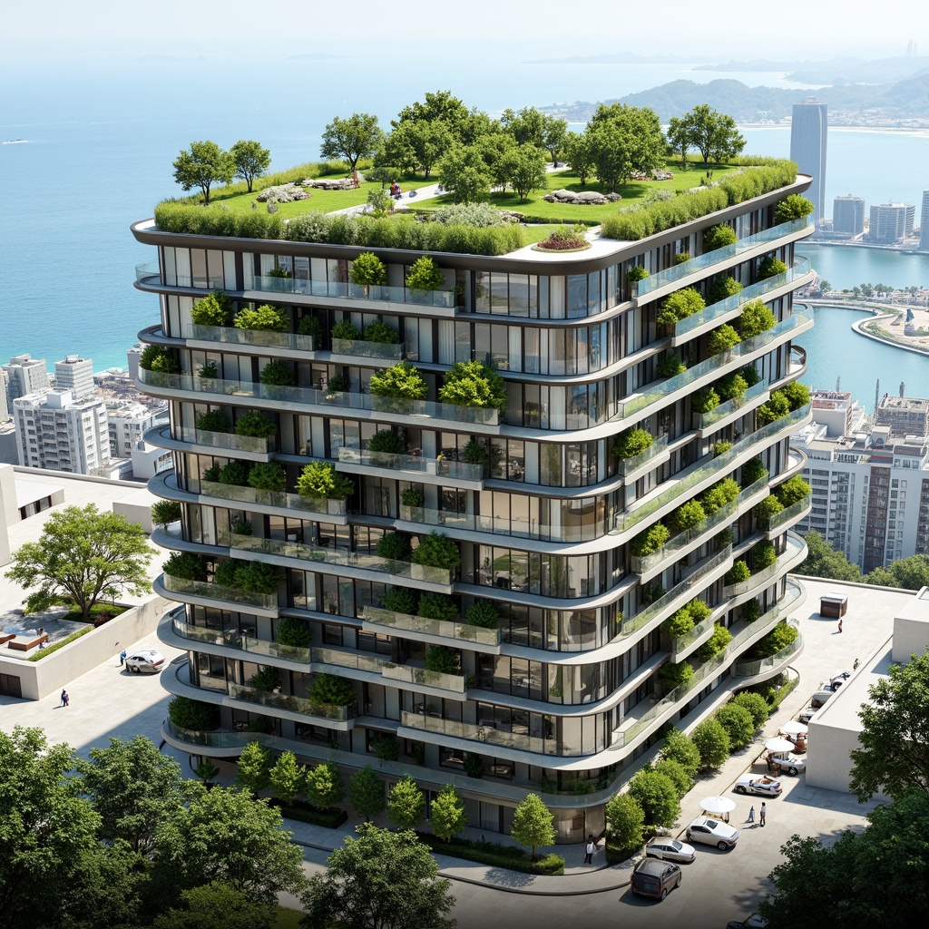 Prompt: Eco-friendly skyscraper, lush green roofs, solar panels, wind turbines, rainwater harvesting systems, recycled materials, minimalist design, natural ventilation, passive cooling, energy-efficient windows, low-carbon footprint, urban agriculture, living walls, vertical farming, modern angular lines, sleek metal fa\u00e7ades, LED lighting, misting systems, shaded outdoor spaces, sustainable urban planning, futuristic architecture, vibrant colorful accents, intricate geometric patterns.