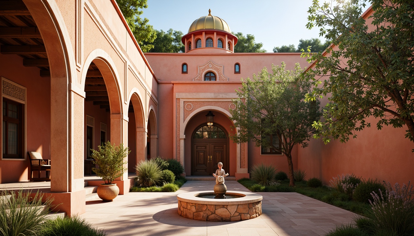 Prompt: Warm terracotta facades, ornate stone carvings, golden domes, intricate mosaics, rich turquoise accents, soft cream archways, rustic wooden doors, vibrant crimson roofs, ornamental ironwork, lush greenery, ancient olive trees, warm afternoon sunlight, soft warm lighting, shallow depth of field, 3/4 composition, realistic textures, ambient occlusion.