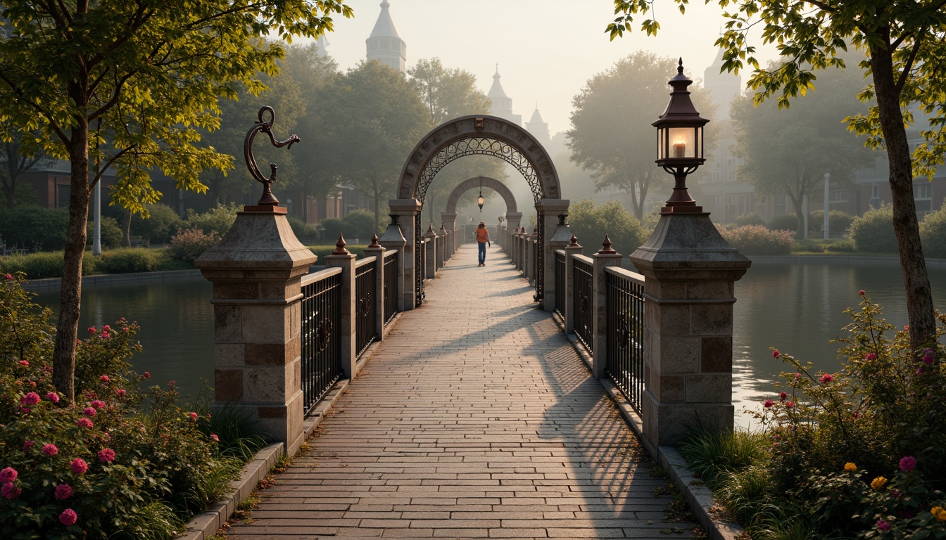 Prompt: Whimsical pedestrian bridge, ornate iron railings, delicate filigree details, soft warm lighting, misty atmosphere, lush greenery, vibrant flowers, rustic stone piers, wooden decking, curved arches, romantic lanterns, intricate stonework, weathered copper accents, serene water reflections, gentle river flow, peaceful surroundings, 1/1 composition, shallow depth of field, warm color palette, realistic textures.