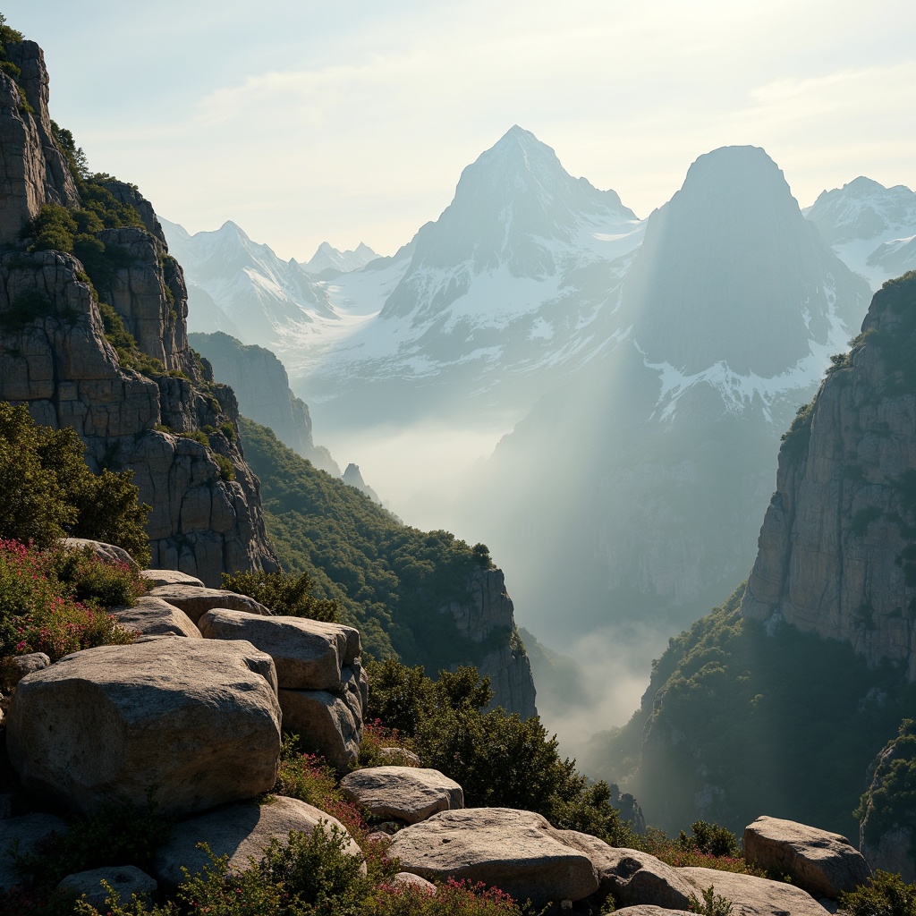 Prompt: Majestic mountain range, rugged rocky formations, serene misty atmosphere, earthy tone color palette, moss-covered stones, weathered wooden accents, natural linen textures, soft warm lighting, shallow depth of field, 1/2 composition, realistic rock details, ambient occlusion, gentle fog effects, subtle gradient skies, creamy whites, soothing blues, muted greens, rusty reds, earthy browns.