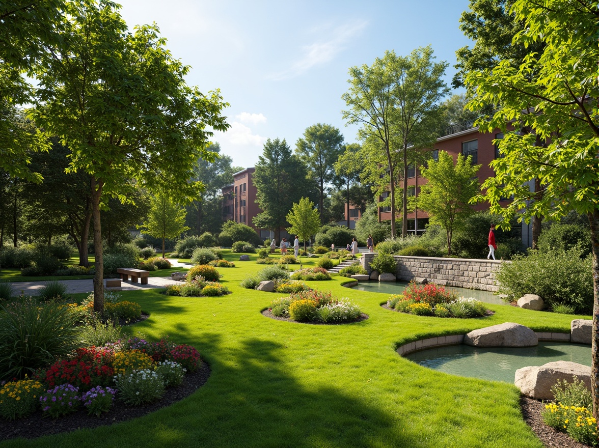 Prompt: Lush green lawn, vibrant flowerbeds, ornamental trees, meandering pathways, rustic stone walls, wooden fences, serene water features, tranquil ponds, colorful garden benches, natural rock formations, blooming shrubs, sunny day, soft warm lighting, shallow depth of field, 3/4 composition, panoramic view, realistic textures, ambient occlusion.