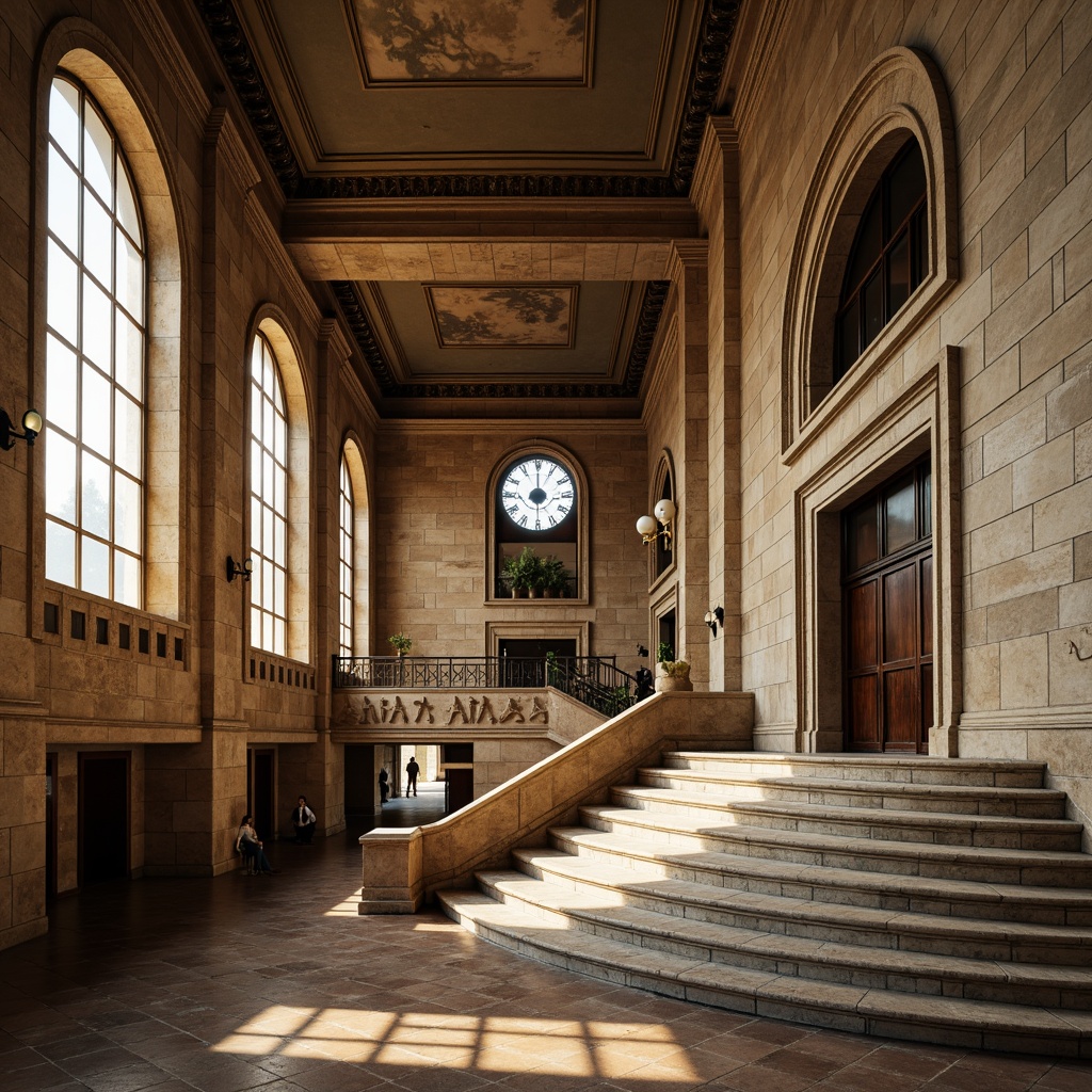 Prompt: Grand courthouse building, neoclassical facade, symmetrical composition, ornate details, columns and arches, granite stone walls, bronze doors, large clock tower, grand staircase, high ceilings, marble floors, natural light, dramatic shadows, 1/1 composition, low-angle shot, warm golden lighting, realistic textures, ambient occlusion.