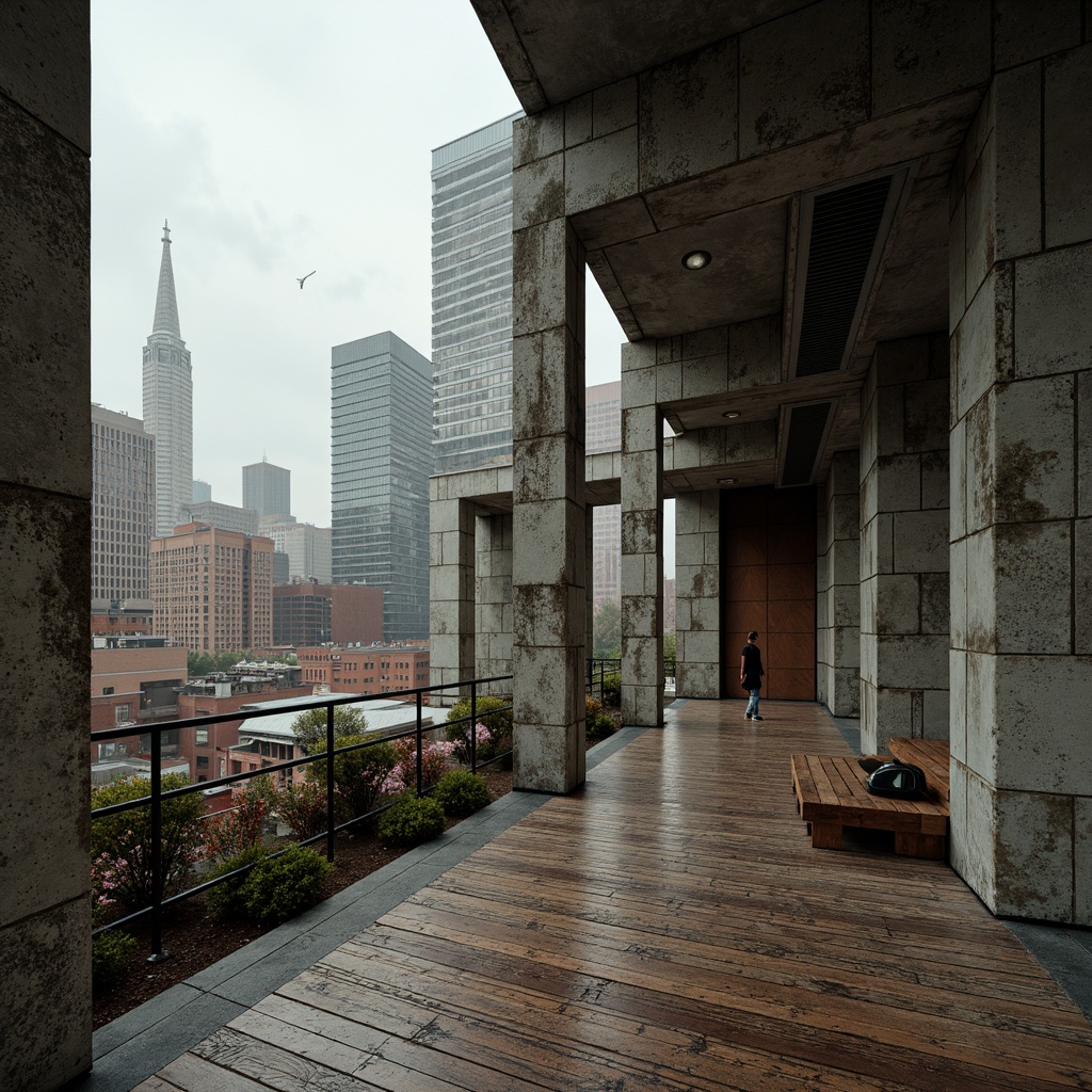 Prompt: Rugged brutalist architecture, industrial materials, raw concrete textures, exposed ductwork, metallic accents, weathered steel beams, monochromatic color scheme, earthy tones, muted pastels, deep charcoals, rich terracottas, worn wooden planks, distressed finishes, urban cityscape, overcast skies, dramatic shadows, low-key lighting, cinematic composition, gritty textures, atmospheric perspective.