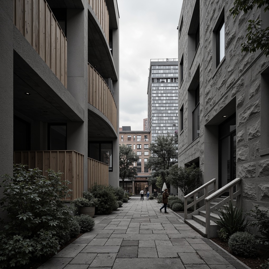 Prompt: Rough-hewn concrete walls, rugged stone facades, brutalist fortress-like structures, industrial metal beams, exposed ductwork, raw unfinished surfaces, distressed wood accents, weathered steel panels, urban cityscape backdrop, overcast skies, dramatic shadows, high-contrast lighting, abstract geometric patterns, bold monochromatic color scheme, 1/1 composition, low-angle shot, gritty realistic textures, ambient occlusion.