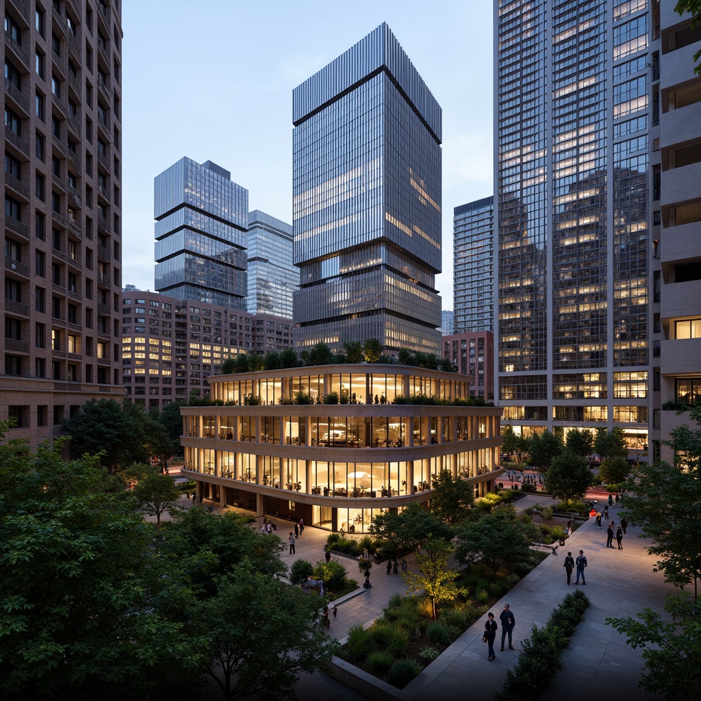 Prompt: Vibrant cityscape, modern skyscrapers, sleek glass facades, metallic accents, neon lights, urban jungle, lush green roofs, concrete textures, brutalist architecture, abstract patterns, warm ambient lighting, shallow depth of field, 2/3 composition, realistic renderings, atmospheric perspective.