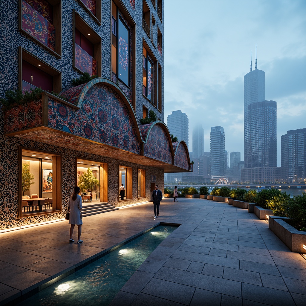 Prompt: Intricate geometric patterns, Islamic-inspired architecture, ornate tile work, vibrant colorful textiles, modern minimalist design, sleek metal accents, glass surfaces with subtle reflections, futuristic urban landscape, cityscape at dusk, neon lights, misty atmosphere, shallow depth of field, 3/4 composition, panoramic view, realistic textures, ambient occlusion.