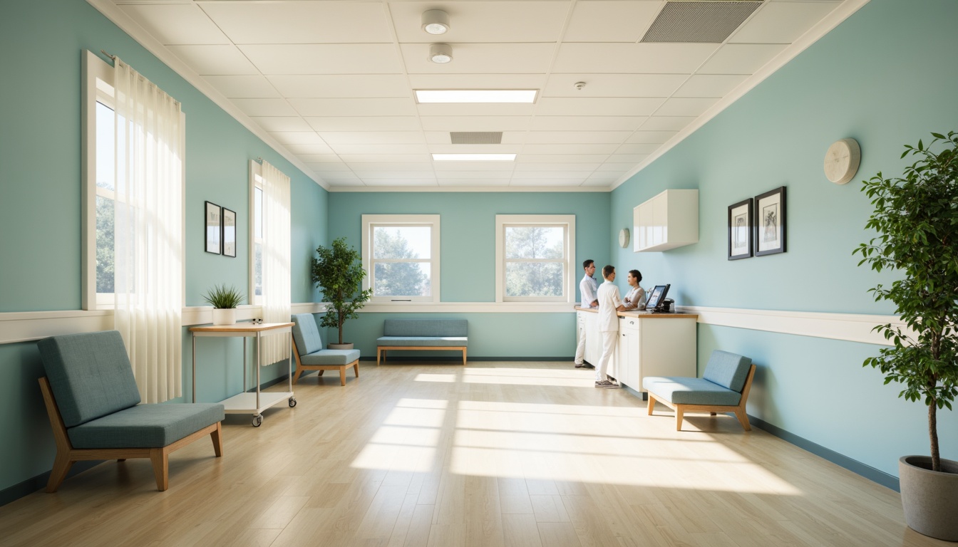 Prompt: \Calm hospital interior, soft powder blue walls, creamy white trim, warm beige flooring, gentle natural light, minimal decor, sleek medical equipment, comfortable patient rooms, soothing atmosphere, subtle texture variations, shallow depth of field, 1/1 composition, realistic rendering, ambient occlusion, warm color temperature, inviting waiting areas, peaceful ambiance.\