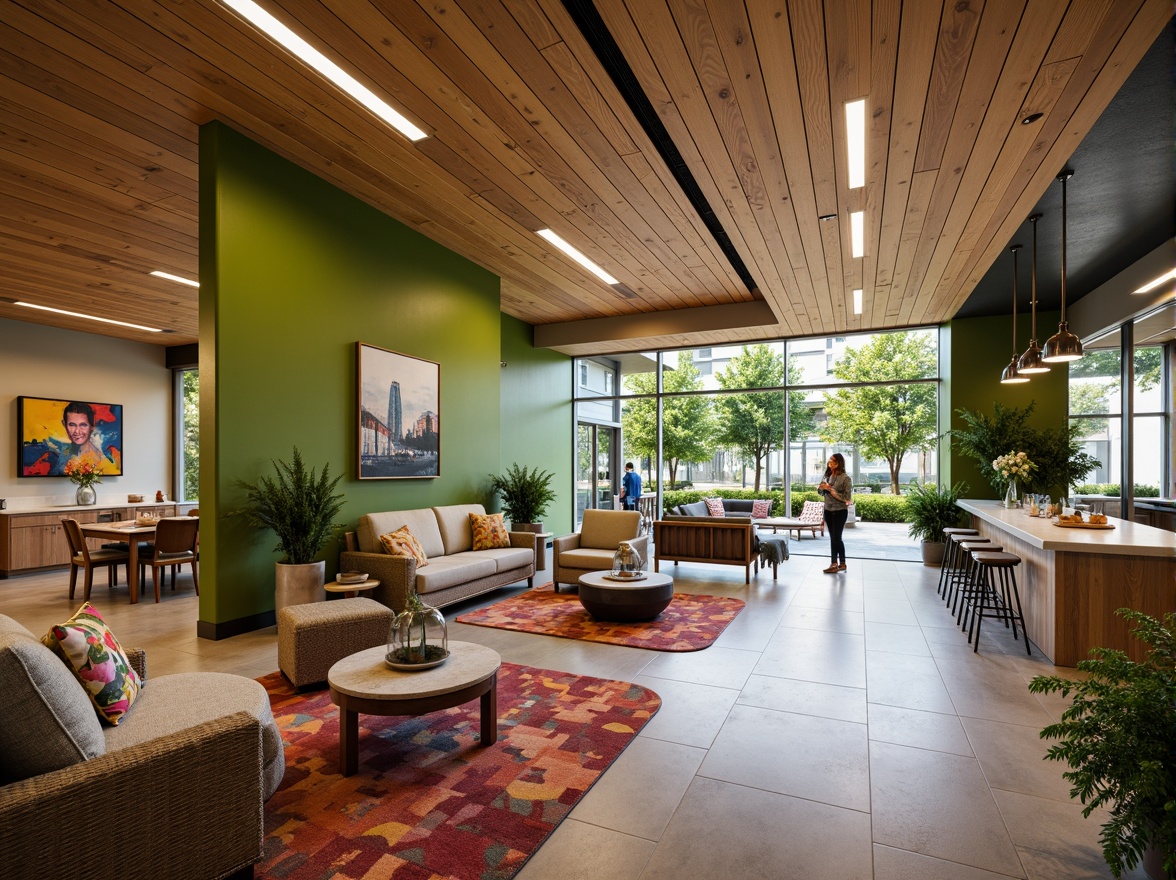 Prompt: Cozy community lounge, warm wooden accents, plush furniture, natural stone flooring, vibrant green walls, eclectic artwork, communal kitchen, shared dining area, flexible seating arrangements, abundant natural light, large windows, sliding glass doors, outdoor courtyard, lush landscaping, water feature, modern amenities, sustainable materials, energy-efficient systems, accessible pathways, inclusive design, diverse cultural patterns, colorful textiles, dynamic lighting, shallow depth of field, 1/1 composition, realistic textures, ambient occlusion.