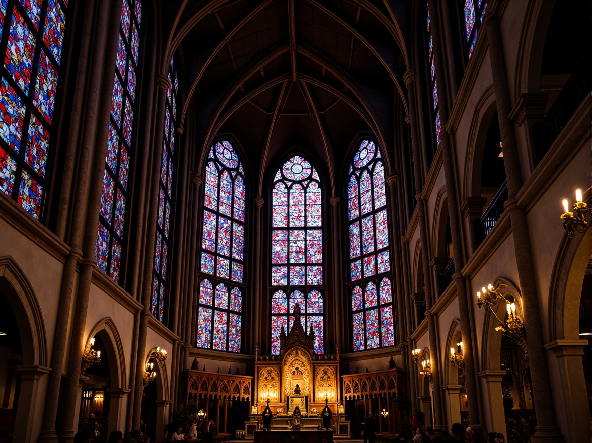 Prompt: Vibrant stained glass windows, intricate geometric patterns, kaleidoscope colors, ornate metal frames, gothic architecture, grand cathedrals, majestic interior designs, soft warm lighting, shallow depth of field, 3/4 composition, realistic textures, ambient occlusion, sacred ambiance, serene atmosphere, spiritual essence.