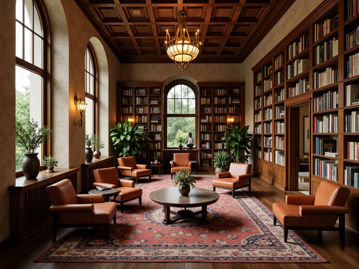 Prompt: Cozy library atmosphere, warm wooden shelves, vintage book collections, soft leather armchairs, rich brown tones, earthy green accents, calming beige backgrounds, golden lighting fixtures, ornate metal details, elegant chandeliers, classic architectural columns, tall windows, natural stone walls, peaceful reading nooks, comfortable plush carpets, subtle texture contrasts, warm color harmony, inviting ambiance, 1/1 composition, soft focus blur, realistic wood grain textures.